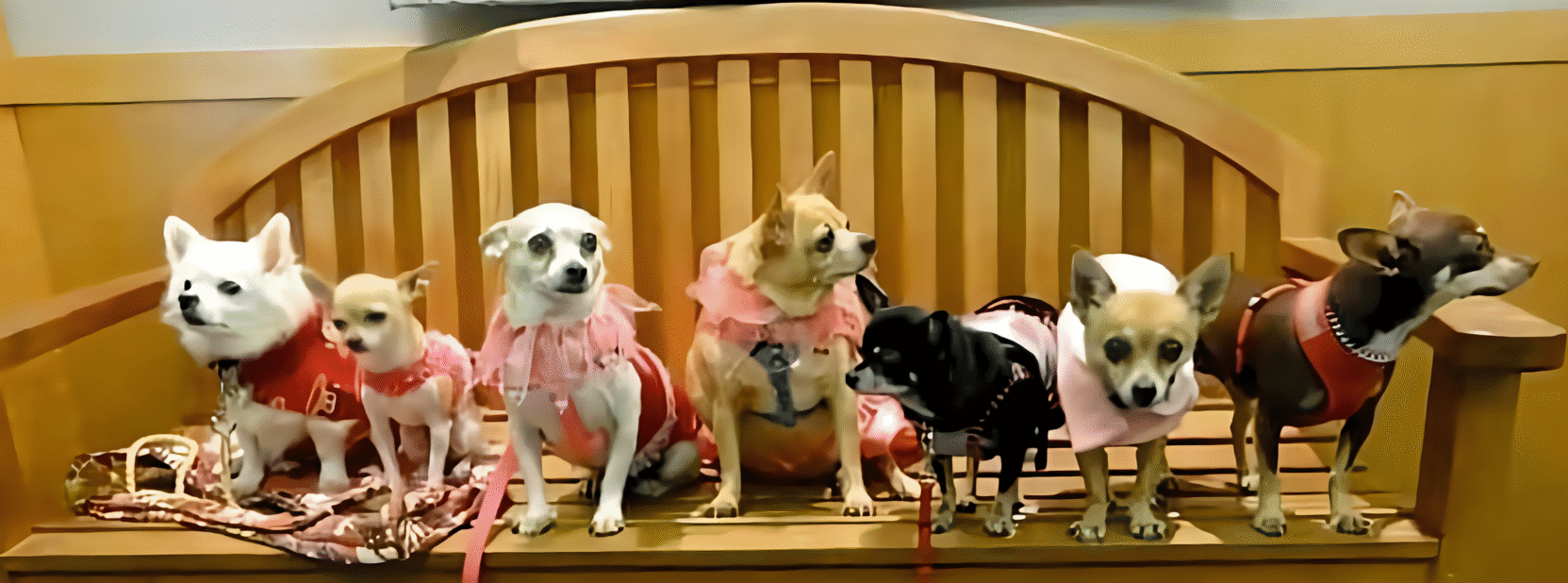 A picture of seven chihuahuas on a wooden bench, taken during a Chihuahua Club of Hawaii visit to a local senior's facility.